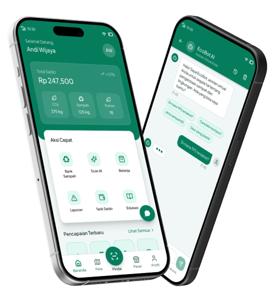 Dua layar aplikasi Resikita di ponsel: dasbor saldo dan aksi cepat warga, serta percakapan dengan asisten lingkungan.